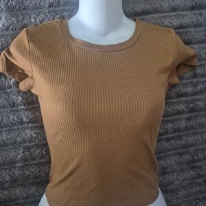 Casual Ribbed Brown Short Sleeve Top